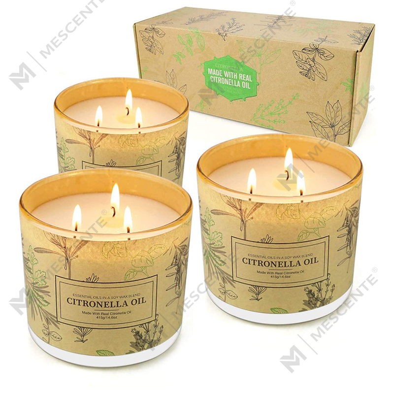 Fadtéarmach 3 Próca Chillín Tacair Coinnle Ola Citronella cumhartheiripe scentáilte le haghaidh BALCÓIN PATIO Gairdín Baile